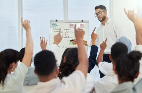 Man, chart and audience question at conference, problem solving and staff Stock Photos