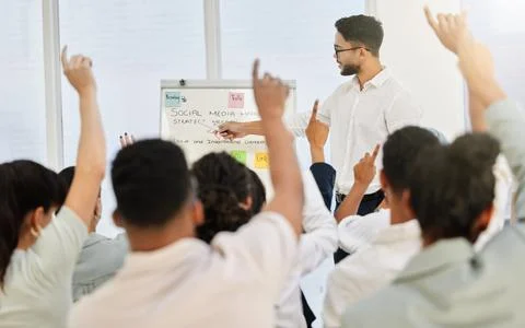 Man, chart and audience question at seminar, problem solving and staff training Stock Photos