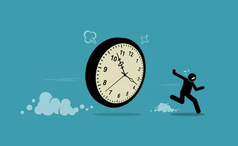 Man chasing by clock time and running away. Vector illustration depicts conce Stock Illustration