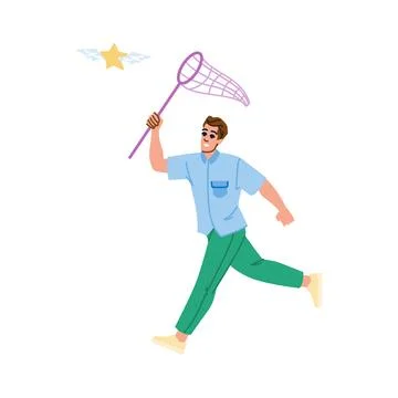Man chasing flying star with net achieving dream 스톡 일러스트