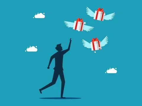 Man chasing a gift box that flew away from him. Lose benefits or rewards. bus Illustrazione stock