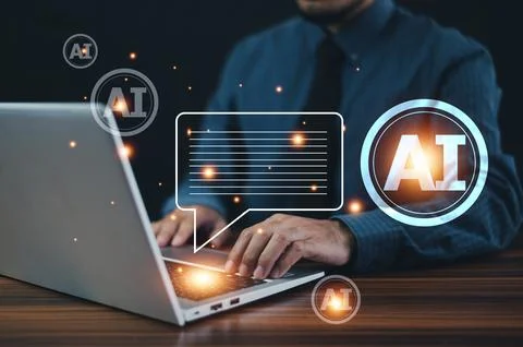 Man Chat with AI or Artificial Intelligence, AI Chat Technology 스톡 사진