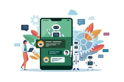 Man chatting with android robot or chat bot on smartphone screen. Artificia.. Stock Illustration