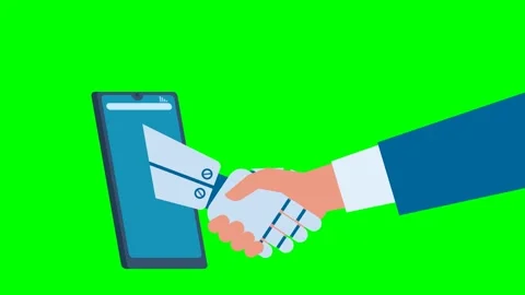 Man chatting with bot. Handshaking. Online collaboration between human, AI. Stock Footage 307991901