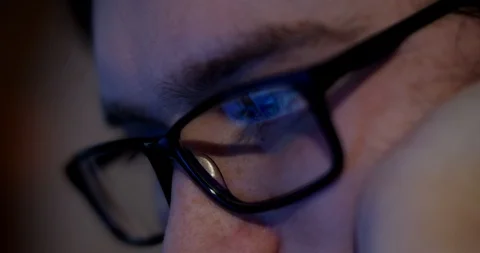 Man Chatting Browsing at late night - Close Up shot with Display Glasses Stock Footage 87324549