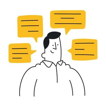 Man with chatting bubbles around him. Outline, linear, thin line, doodle art. Stock Illustration