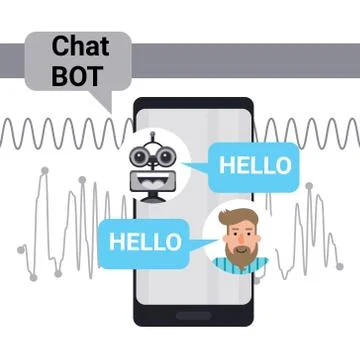Man Chatting With Chat Bot On Cell Smart Phone, Robot Virtual Assistance Element Stock Illustration