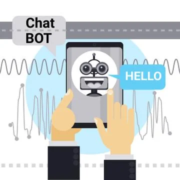 Man Chatting With Chat Bot On Cell Smart Phone, Robot Virtual Assistance Element Stock Illustration