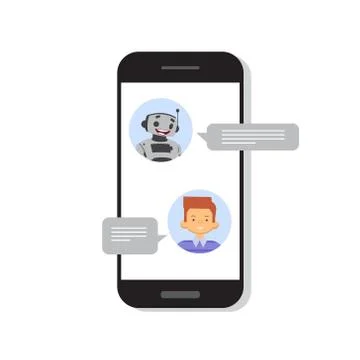 Man Chatting With Chat Bot On Cell Smart Phone, Robot Virtual Assistance Element Stock Illustration