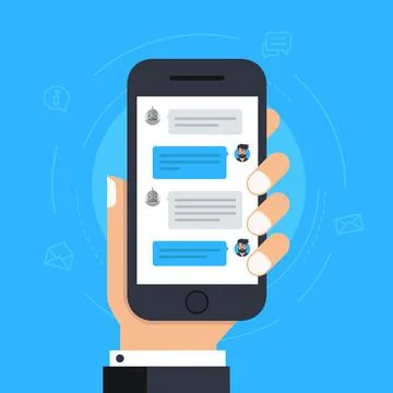 Man chatting with chat bot on smartphone 스톡 일러스트