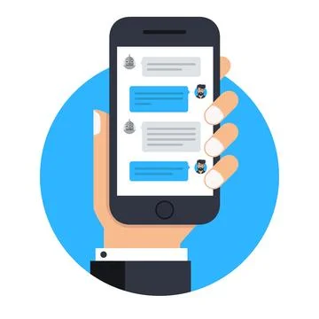 Man chatting with chat bot on smartphone vector icon in circle Stock Illustration