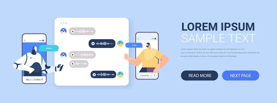 Man chatting with chatbot robotic assistant by voice messages audio chat mobile Stock Illustration