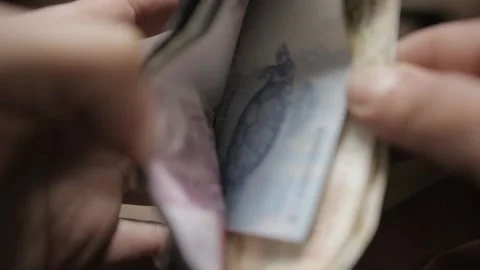 A man check his wallet for some Brazilian Real bills and notes Stock Footage 209713052