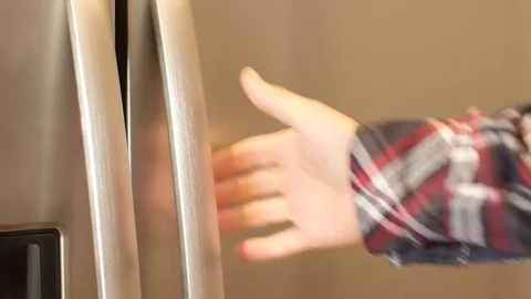 Man in checked shirt opens fridge door putting melon on a shelf Video stock 79836091