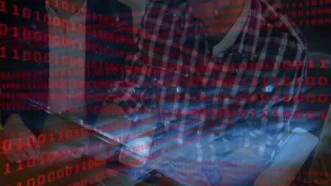 Man in checked shirt starting typing laptop keys woman leaning analyzing tech Stock Footage 332522967