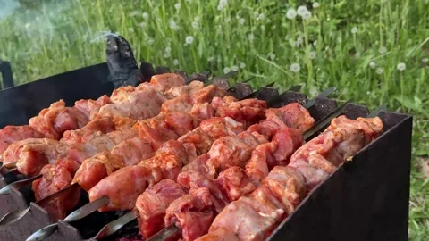 Man checking barbecue heat with hand above grilling meat and smoke during Stock Footage 345729248