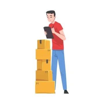 Man Checking Cardboard Boxes Preparing Goods For Dispatch, Guy Working with 스톡 일러스트