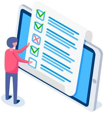 Man is checking correctness of questionnaire. Online form survey on tablet Illustrazione stock