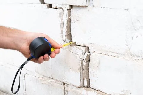 Man checking crack on building, measuring its size with a tape measure Stock Photos