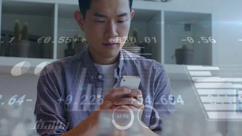 Man checking data on phone, scrolling finance bars and % rings over head-chest Stock Footage 333078076