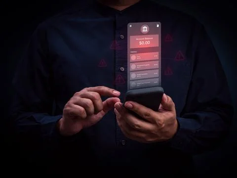 Man checking empty bank account on mobile app with warning alerts. Financia.. Fotos Stock
