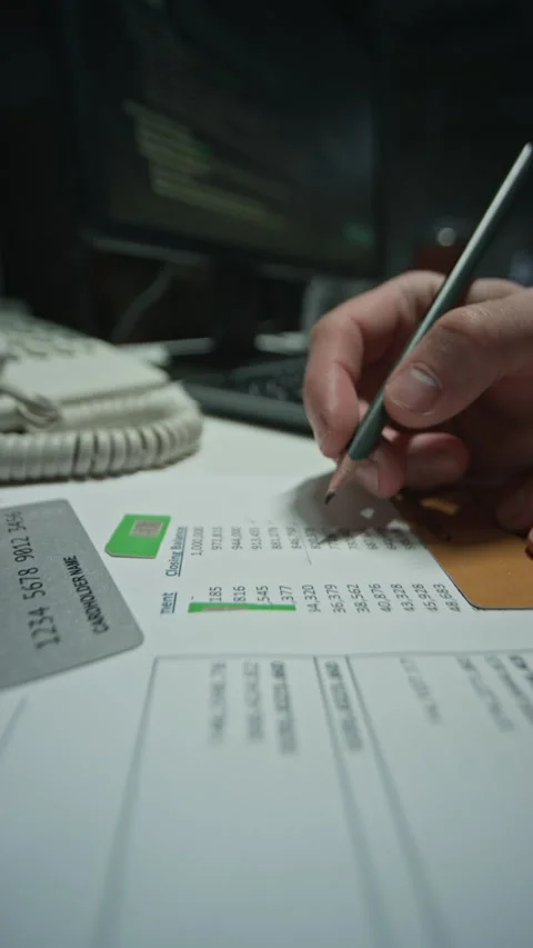 Man Checking Financial Balance Sheet with Credit Card at Office Stock Footage 346712732