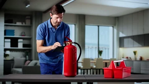 Man Checking Fire Extinguisher Stock Footage 318326542