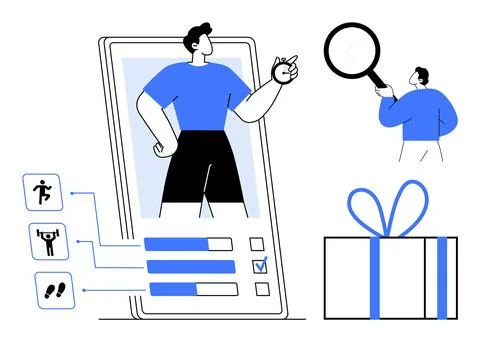 Man checking fitness progress on mobile app. Person holding magnifying glass. Stock Illustration