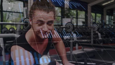 Man checking form, lifting head, leaning on bench in gym, blue HUD charts Video stock 330509148