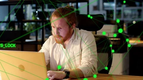 Man checking laptop by chart as GPS_LOCK data appearing animating green nodes Stock Footage 332543007