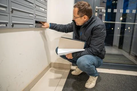 Man checking mailboxes inside apartment building at night. Daily tasks and Stock Photos