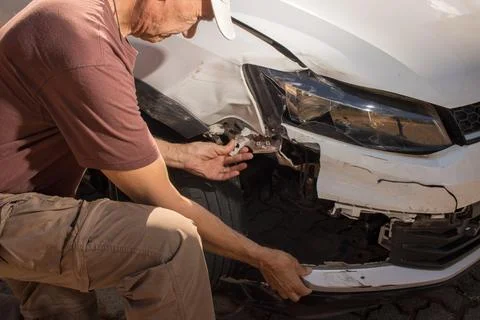 Man checking out the damage to the right front end bumper 스톡 사진