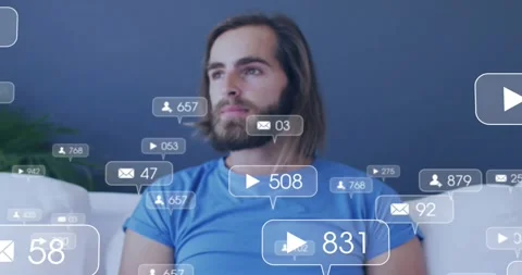 Man checking phone on couch, single alert appearing and causing growing social Stock Footage 332285483