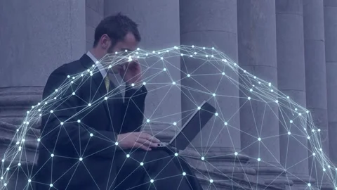 Man checking phone then using laptop, typing, managing business work, tech dome Stock Footage 335739888