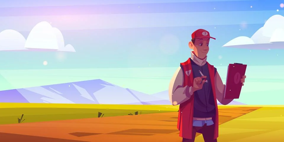 Man checking plot land for sale. Sell field scene Ilustración de archivo