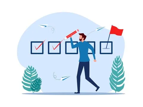 Man checking progress or tracking goals. Checklist. project progress concept Illustrazione stock