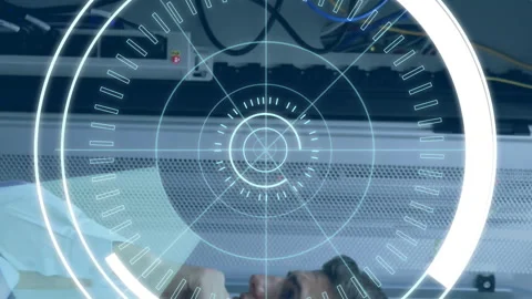 Man checking a server and 5G written in the middle of a futuristic circles 4k Stock Footage 312299942