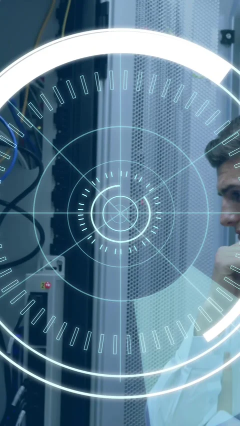 Man checking a server and 5G written in the middle of a futuristic circles 4k Stock Footage 324785756