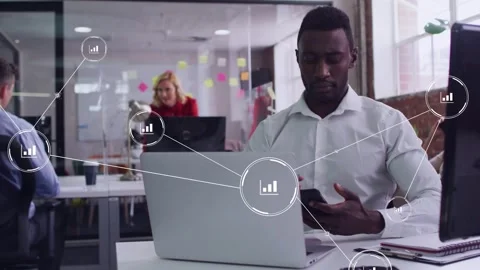 Man checking smartphone and placing call about data in business office, animated Stock Footage 333894302
