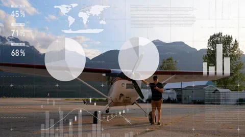 Man checking smartphone beside plane displaying flight data with pie and bar Video stock 308677837