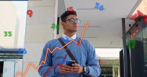 Man checking smartphone under canopy, analyzing market data while colorful Stock Footage 329700863