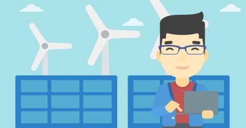 Man checking solar panels and wind turbines イラスト素材