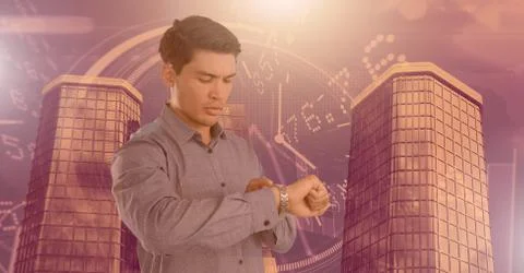 Man checking time on watch and Tall buildings with economic finance background Stock Photos