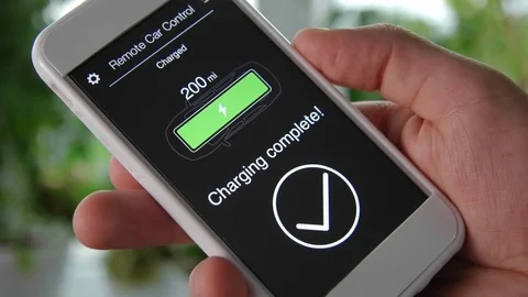 Man checks charge level of his electric car. Battery is charged. Car remote Stock Footage 77408206