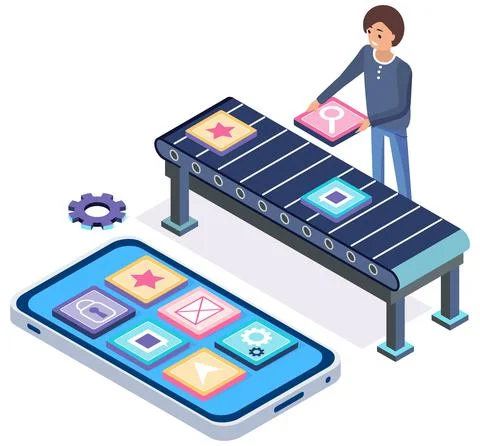 Man checks files passing on tape, program conveyor. Developer analyzes icons 库存插图