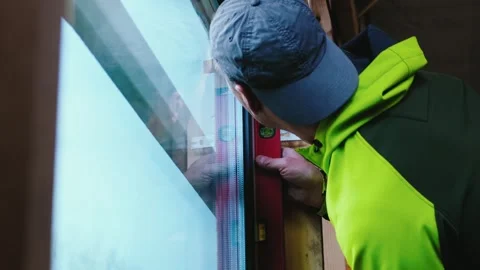A man checks the installation of a window with a level Stock Footage 264732265