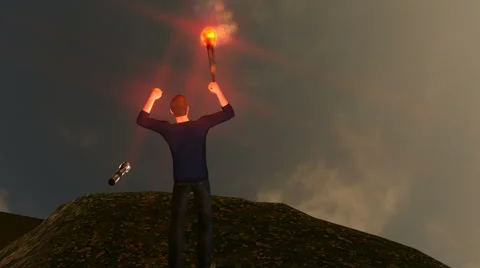 Man Cheering on Mountain Summit with torch:  Looping Video stock 56057923