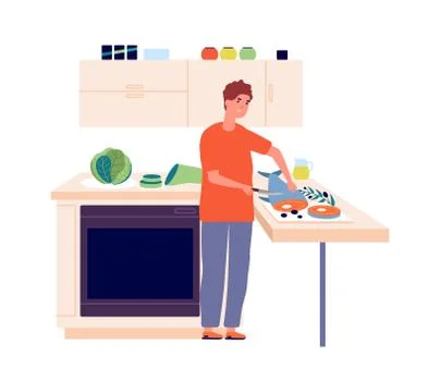 Man chef. Guy cutting fish in kitchen. Cooking, healthy eating and diet Illustrazione stock