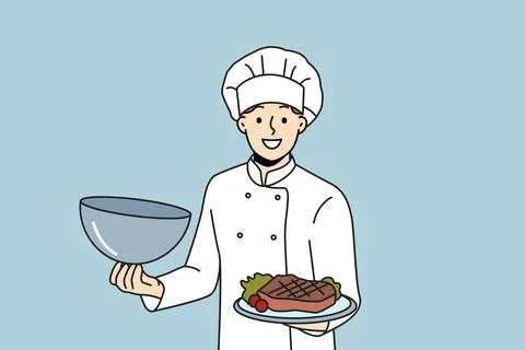 Man chef holds tray with beef steak and vegetables, inviting you to visit Stock-Illustration