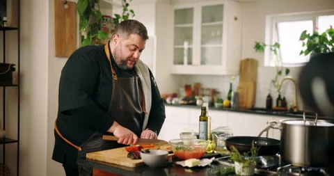 Man, chef or meal preparation with video camera for online tutorial, live 動画素材 306878443